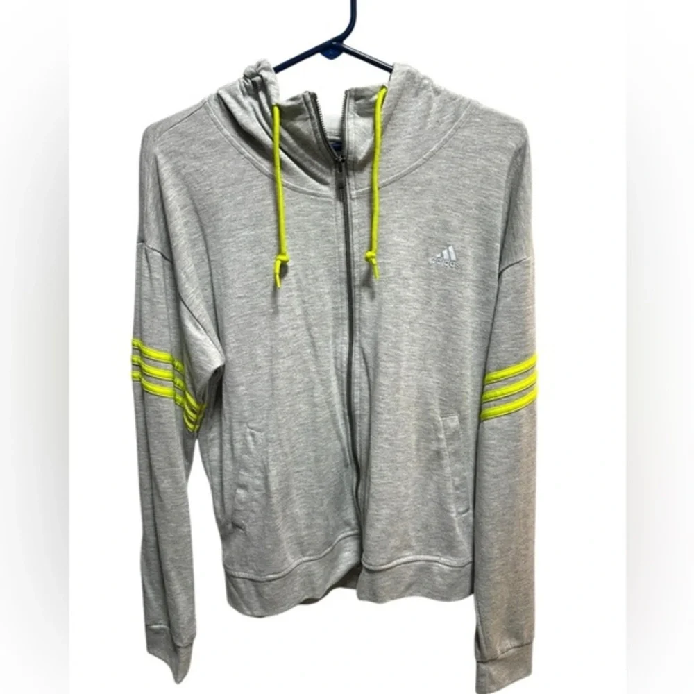 ADIDAS GRAY AND NEON YELLOW ZIP UP HOODIE JACKET